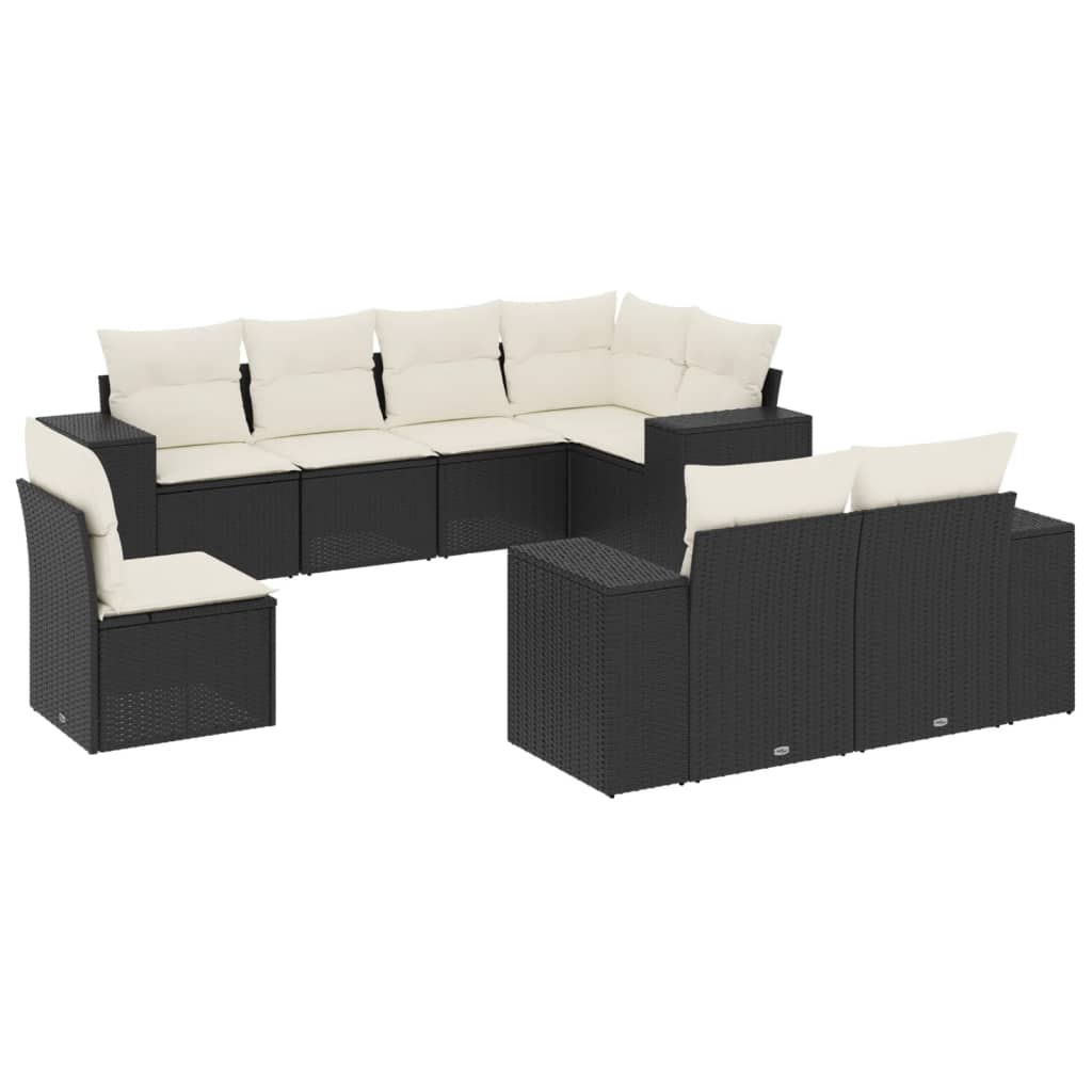 8-piece garden sofa set with cushions, black poly rattan