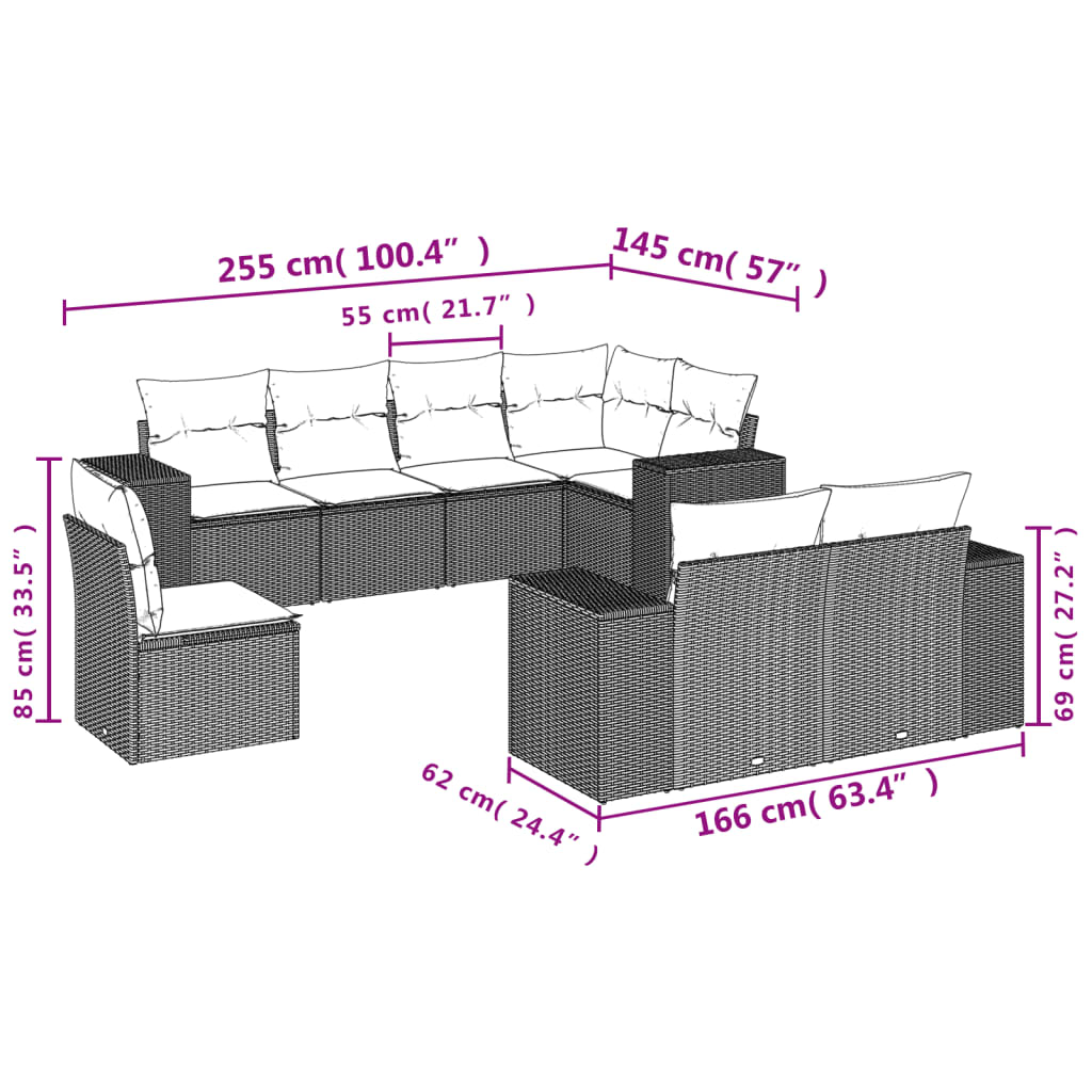 8-piece garden sofa set with cushions, black poly rattan