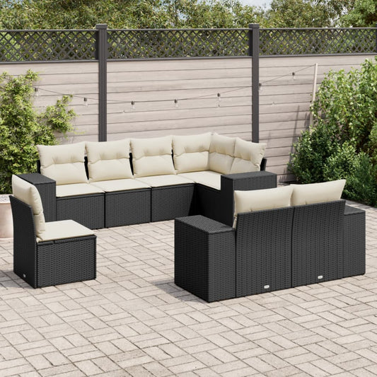 8-piece garden sofa set with cushions, black poly rattan