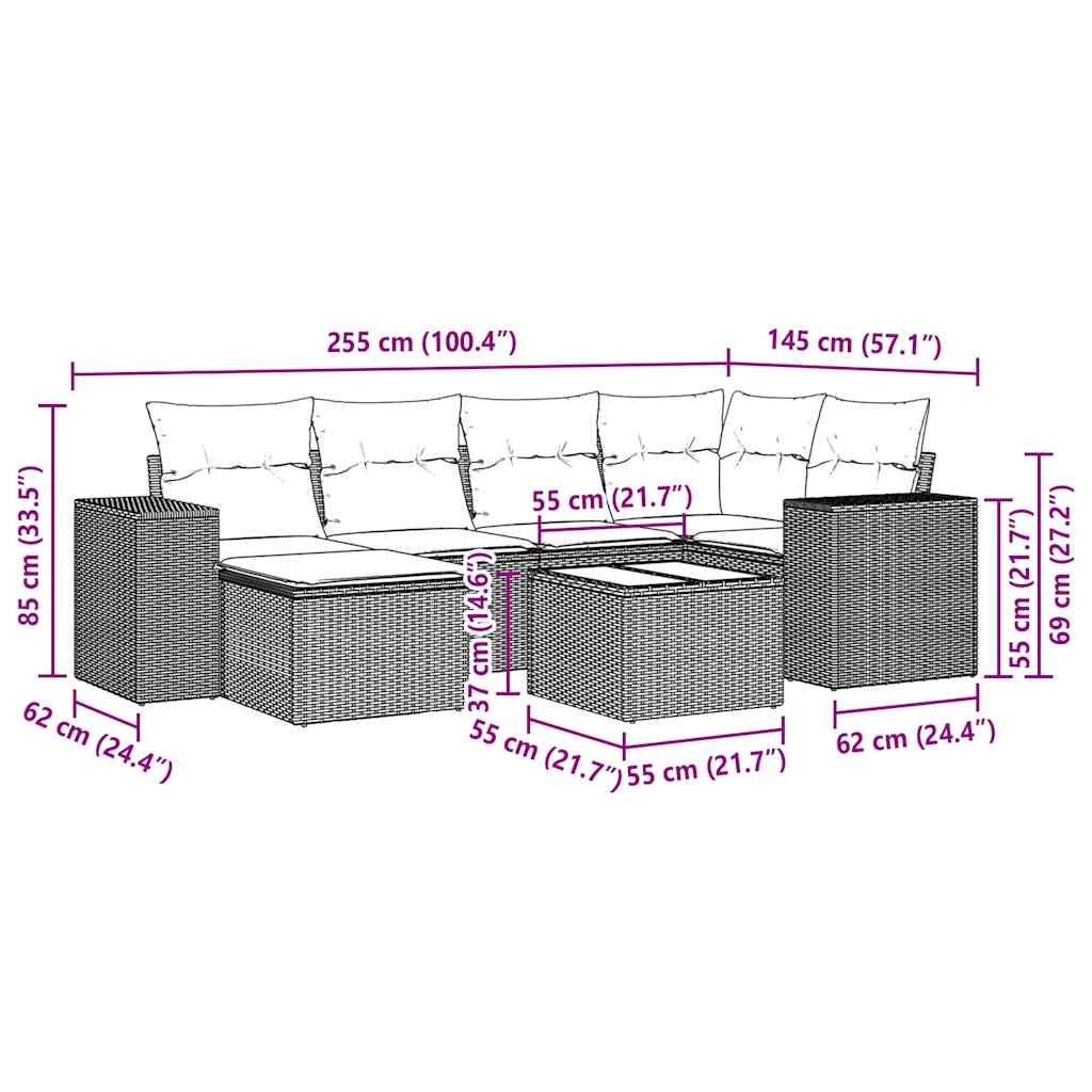 7-tlg. Garten-Sofagarnitur mit Kissen Hellgrau Poly Rattan