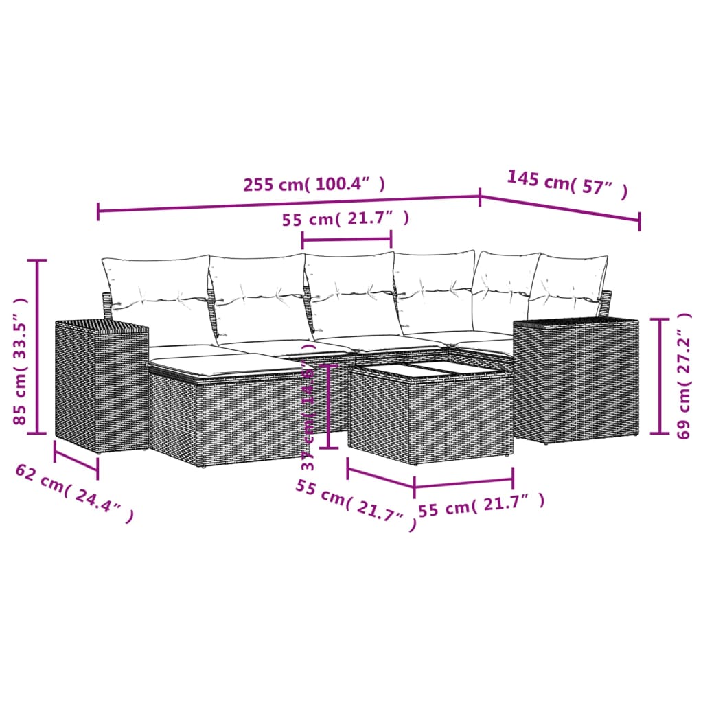 7-tlg. Garten-Sofagarnitur mit Kissen Braun Poly Rattan