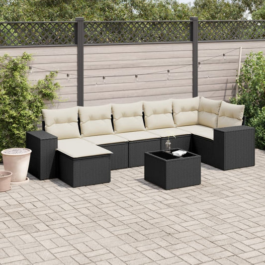 8-piece garden sofa set with cushions, black poly rattan