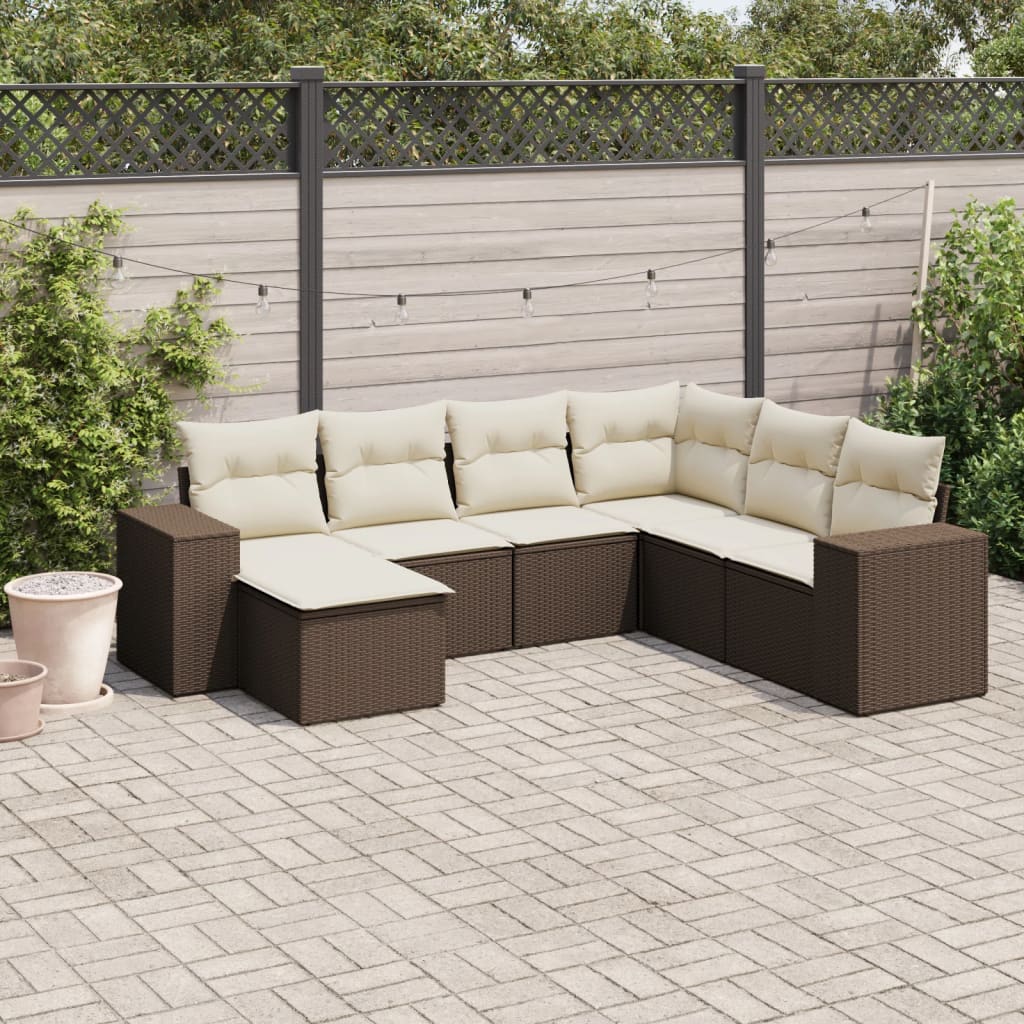 7-tlg. Garten-Sofagarnitur mit Kissen Braun Poly Rattan