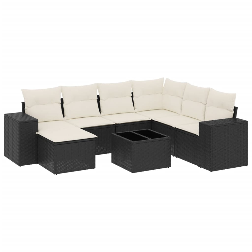 8-piece garden sofa set with cushions, black poly rattan