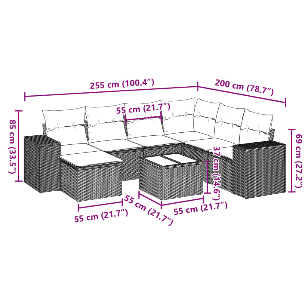 8-piece garden sofa set with cushions, black poly rattan