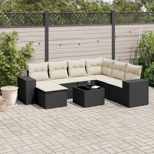 8-piece garden sofa set with cushions, black poly rattan