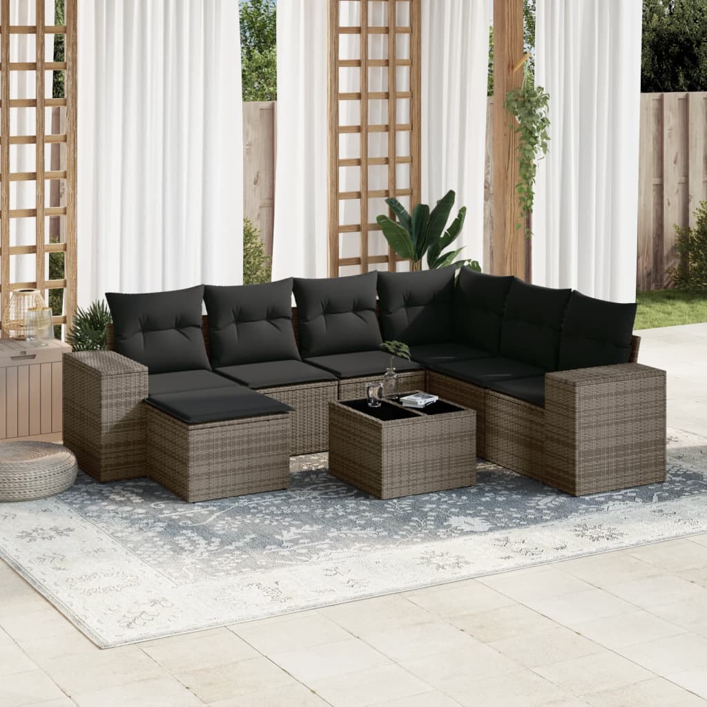 8-tlg. Garten-Sofagarnitur mit Kissen Grau Poly Rattan