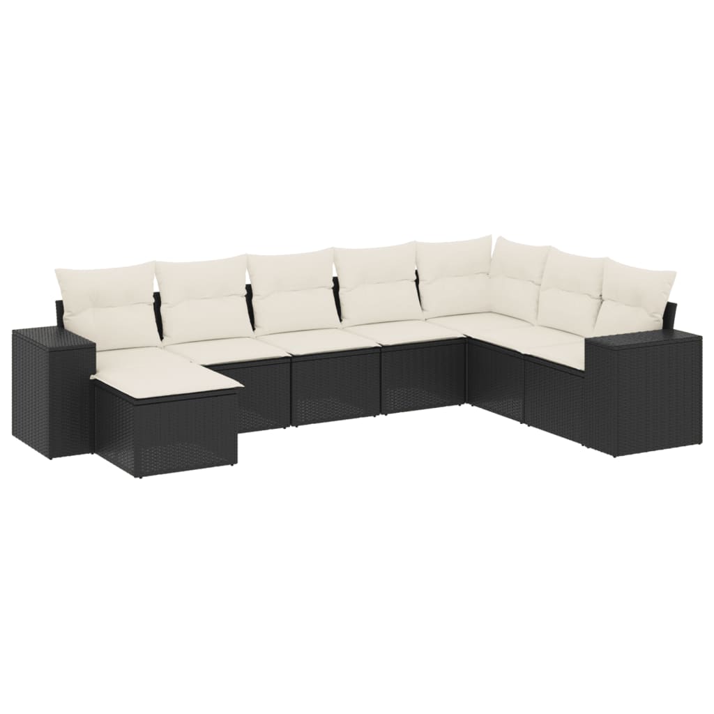 8-piece garden sofa set with cushions, black poly rattan