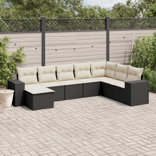8-piece garden sofa set with cushions, black poly rattan