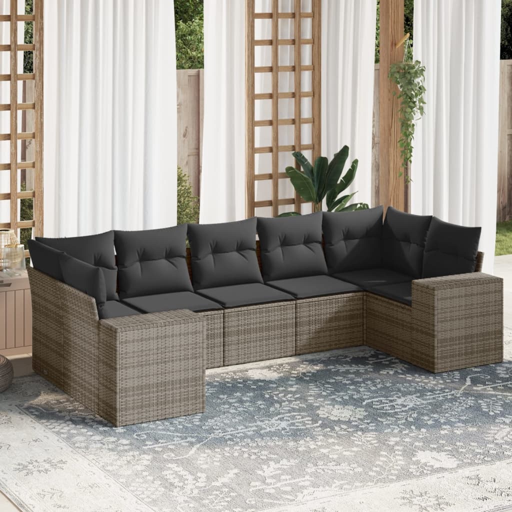 7-tlg. Garten-Sofagarnitur mit Kissen Grau Poly Rattan