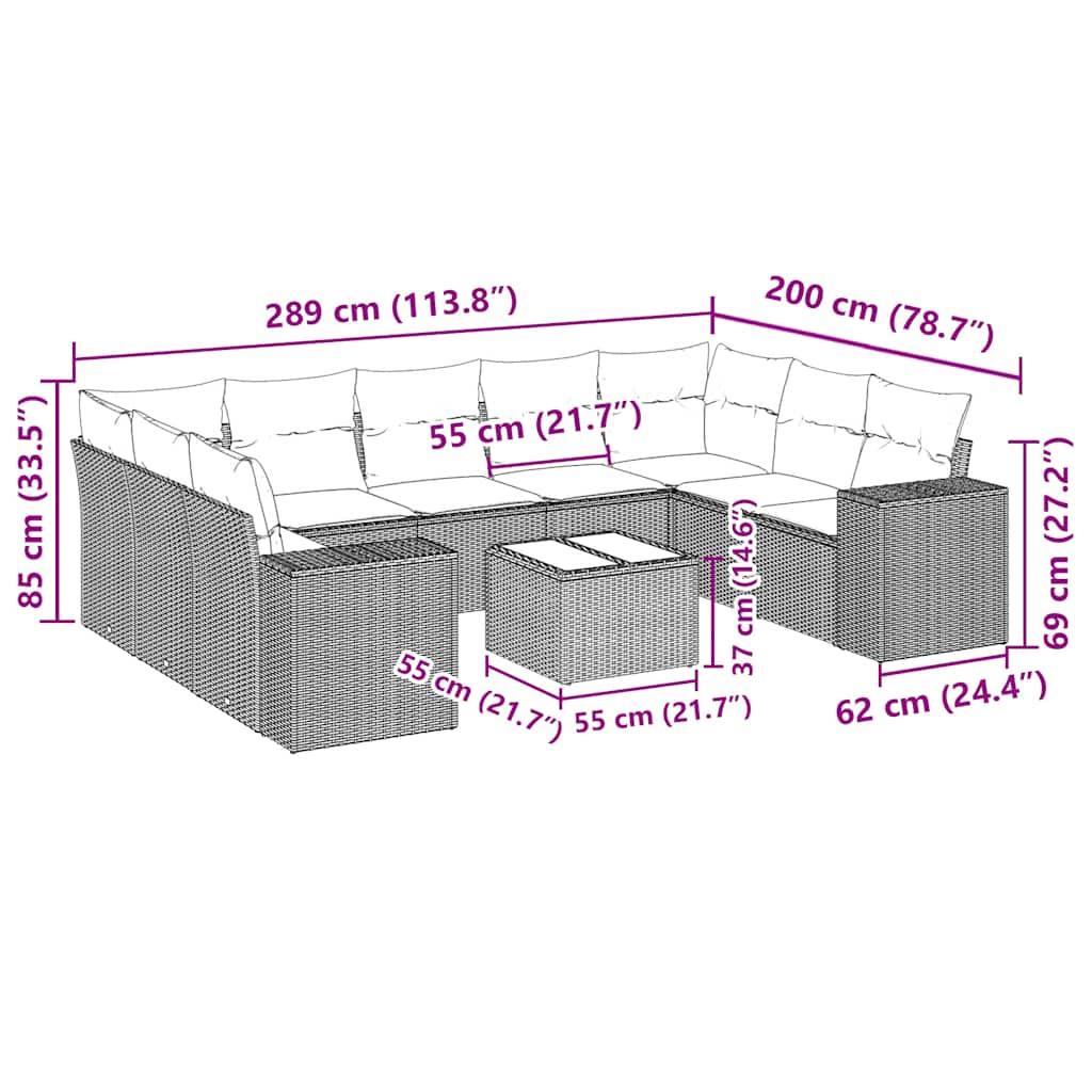10-tlg. Garten-Sofagarnitur mit Kissen Schwarz Poly Rattan