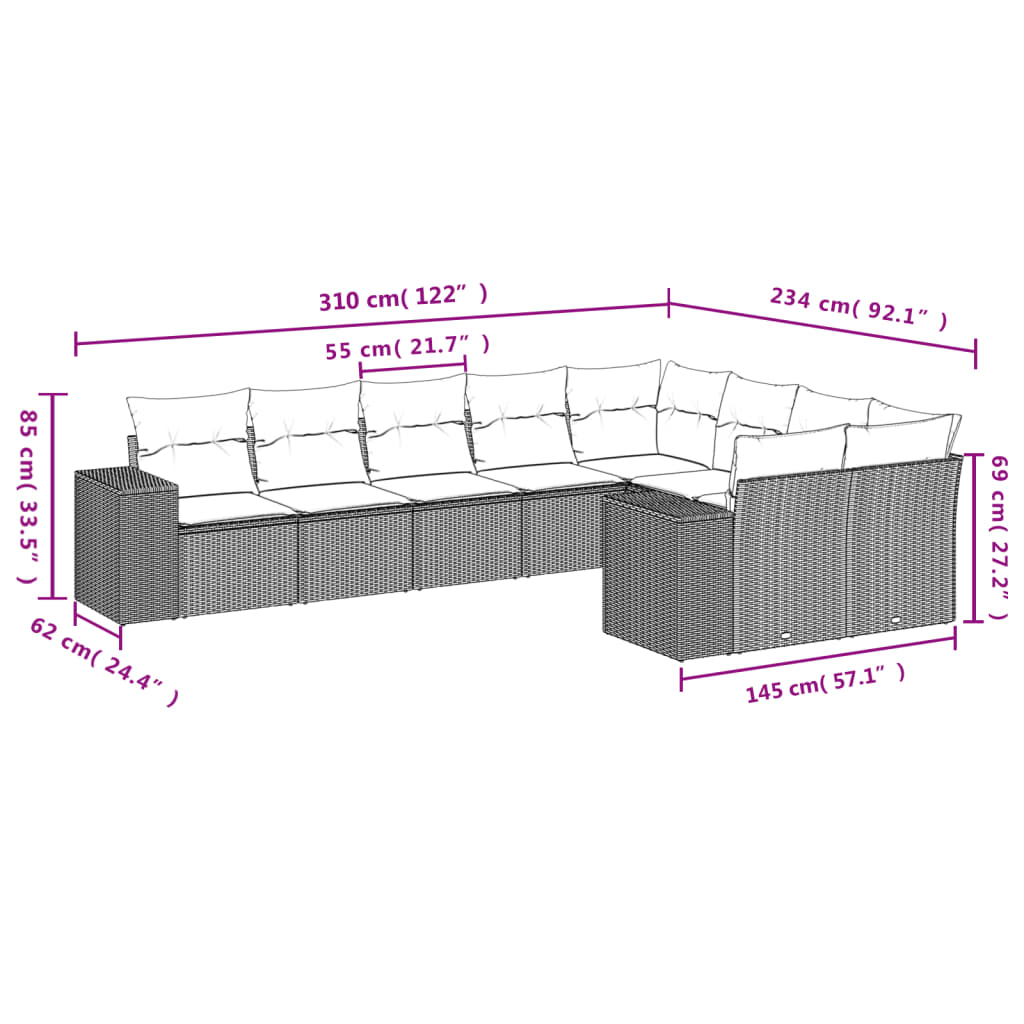 9-tlg. Garten-Sofagarnitur mit Kissen Braun Poly Rattan