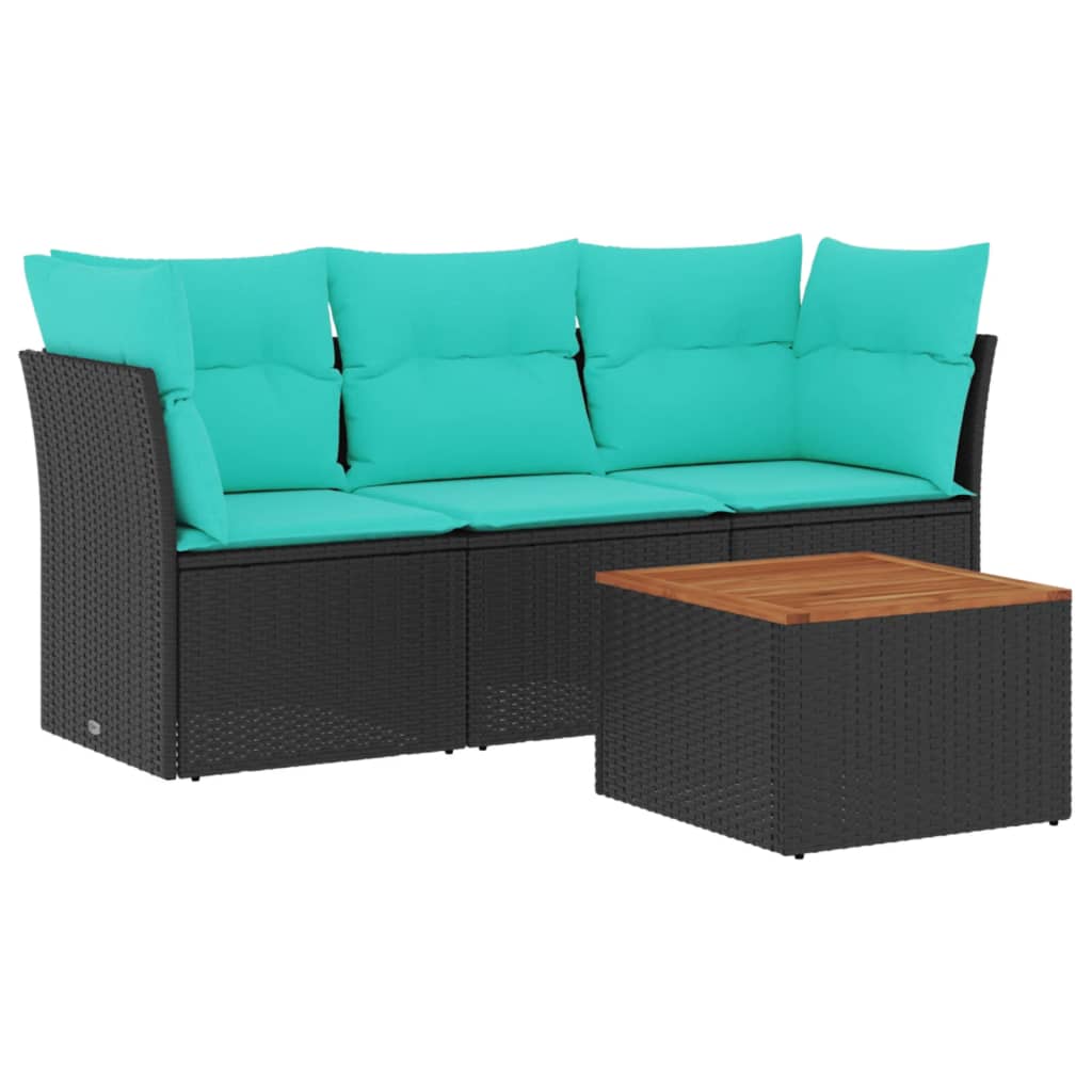 4-tlg. Garten-Sofagarnitur mit Kissen Schwarz Poly Rattan