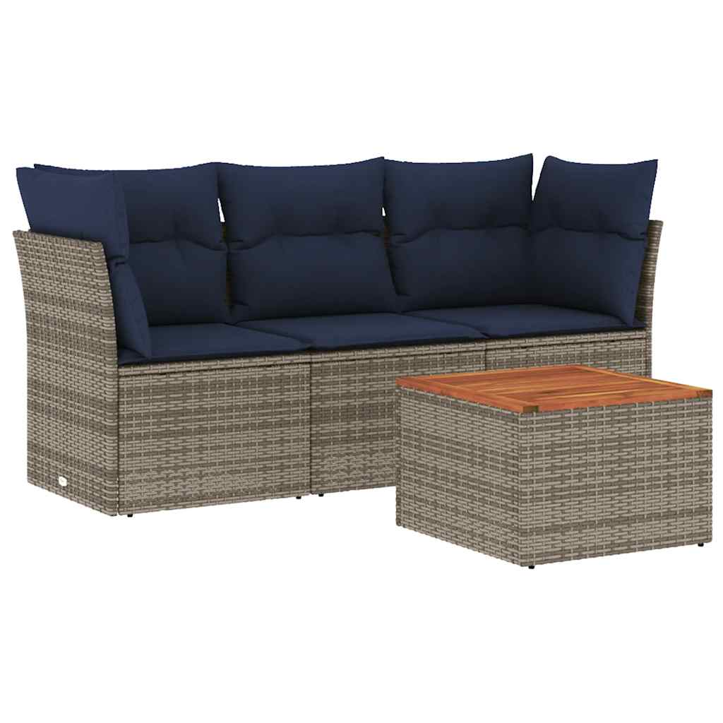 4-tlg. Garten-Sofagarnitur mit Kissen Grau Poly Rattan
