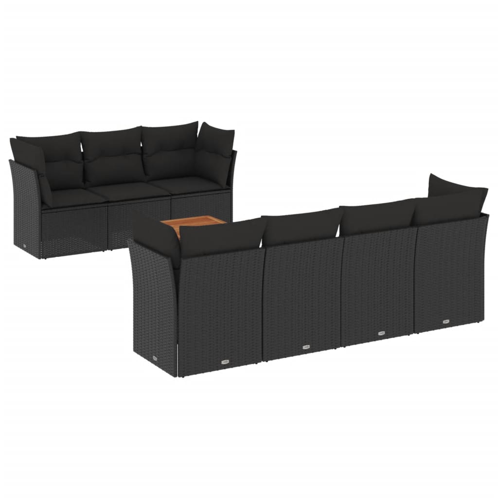 8-piece garden sofa set with cushions, black poly rattan