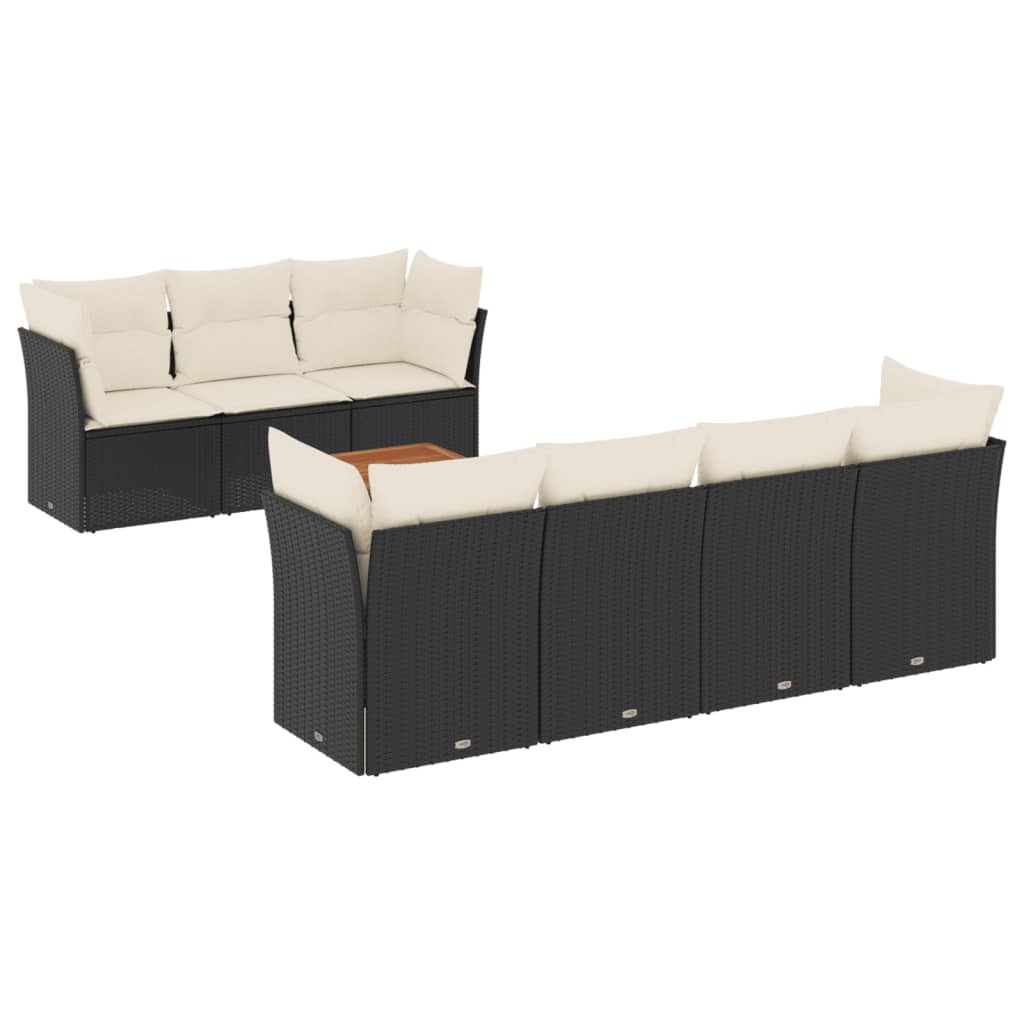 8-piece garden sofa set with cushions, black poly rattan