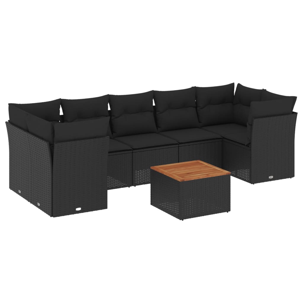 8-piece garden sofa set with cushions, black poly rattan
