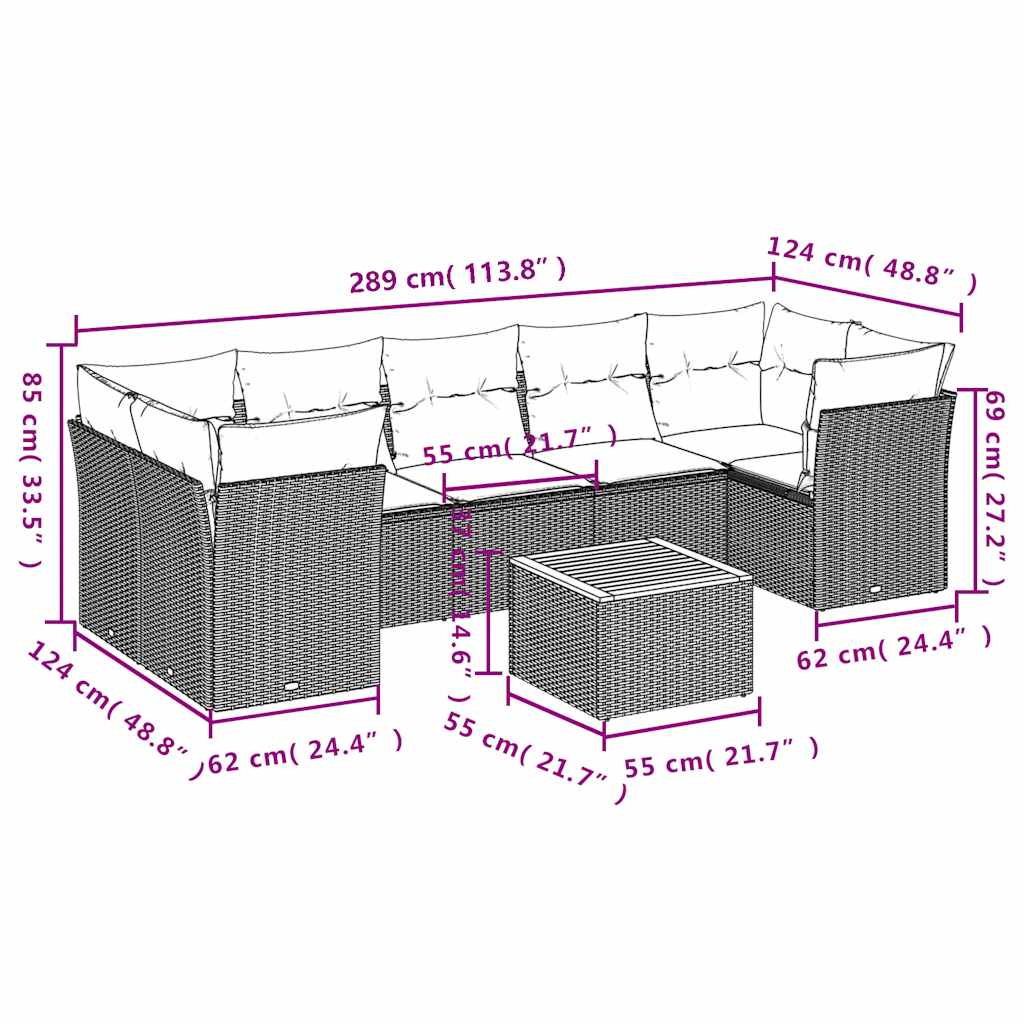 8-tlg. Garten-Sofagarnitur mit Kissen Schwarz Poly Rattan
