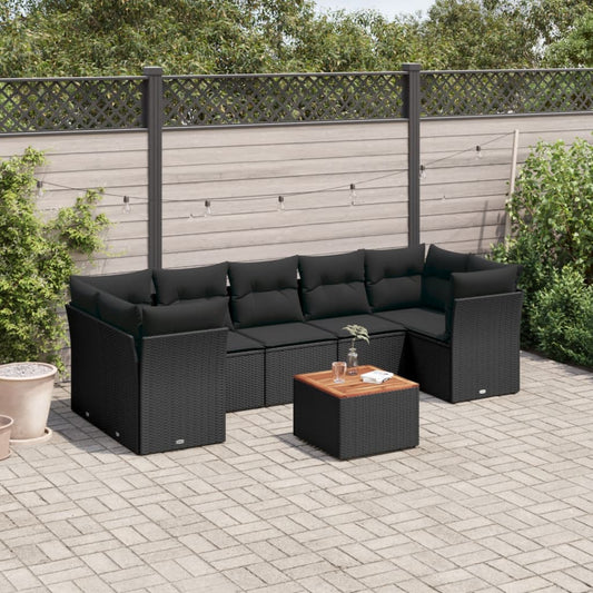 8-piece garden sofa set with cushions, black poly rattan