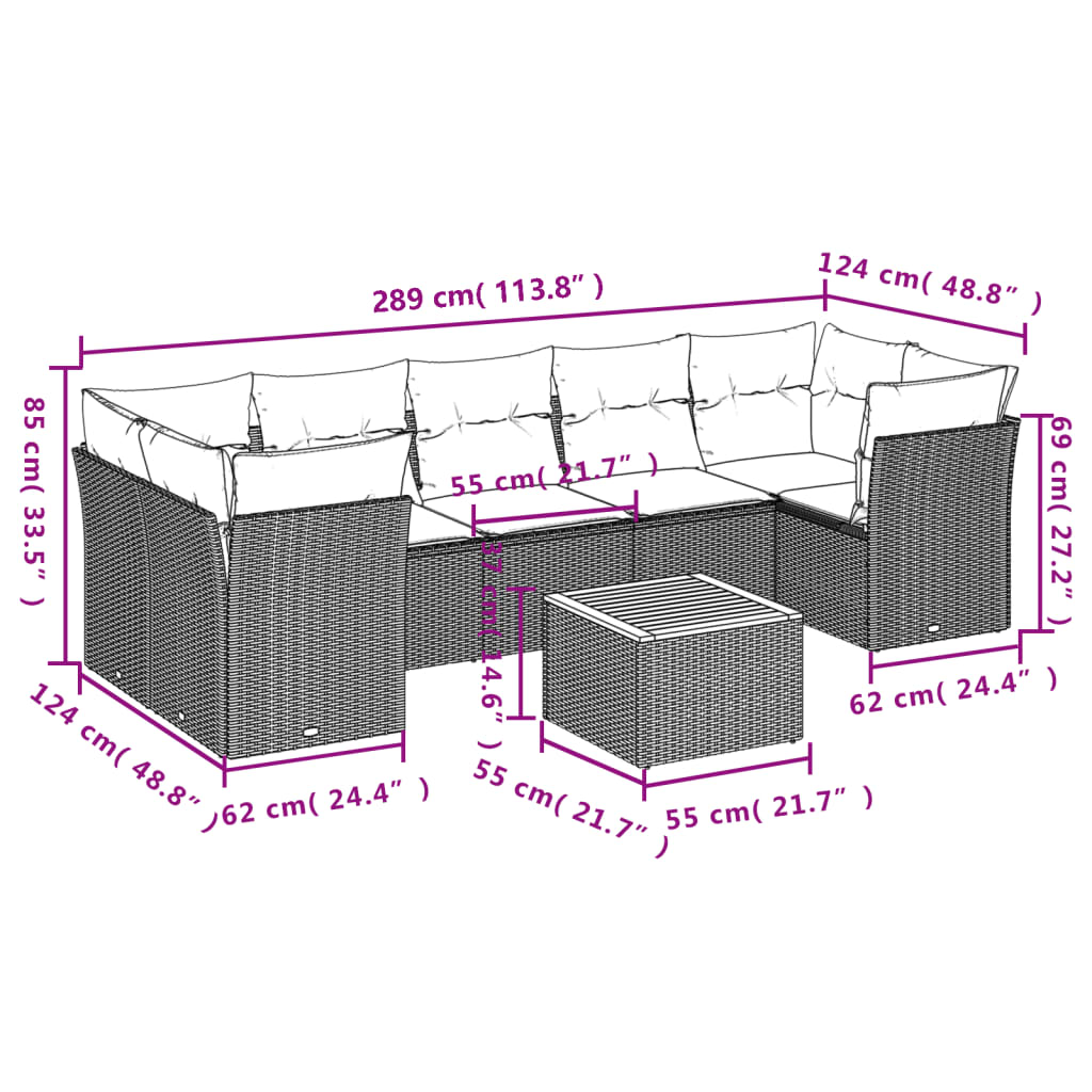 8-piece garden sofa set with cushions, black poly rattan