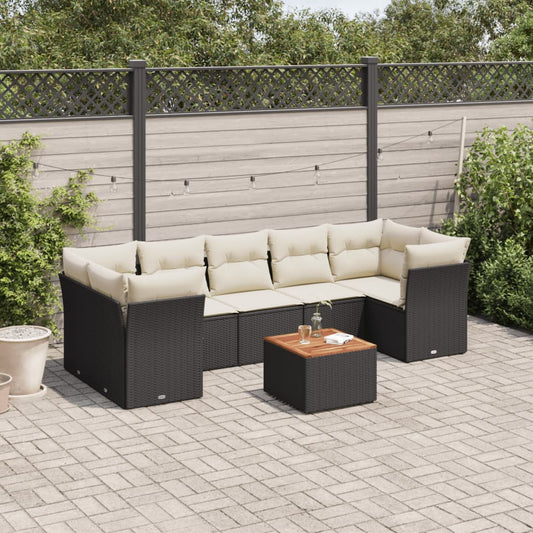 8-piece garden sofa set with cushions, black poly rattan