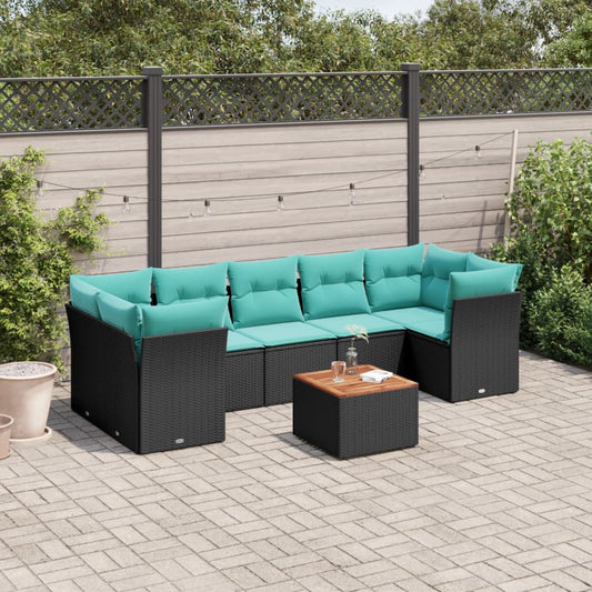 8-tlg. Garten-Sofagarnitur mit Kissen Schwarz Poly Rattan