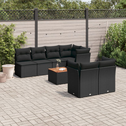 8-piece garden sofa set with cushions, black poly rattan