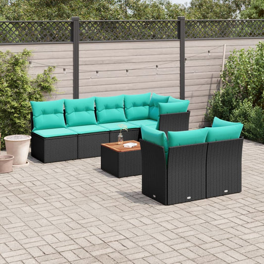 8-tlg. Garten-Sofagarnitur mit Kissen Schwarz Poly Rattan