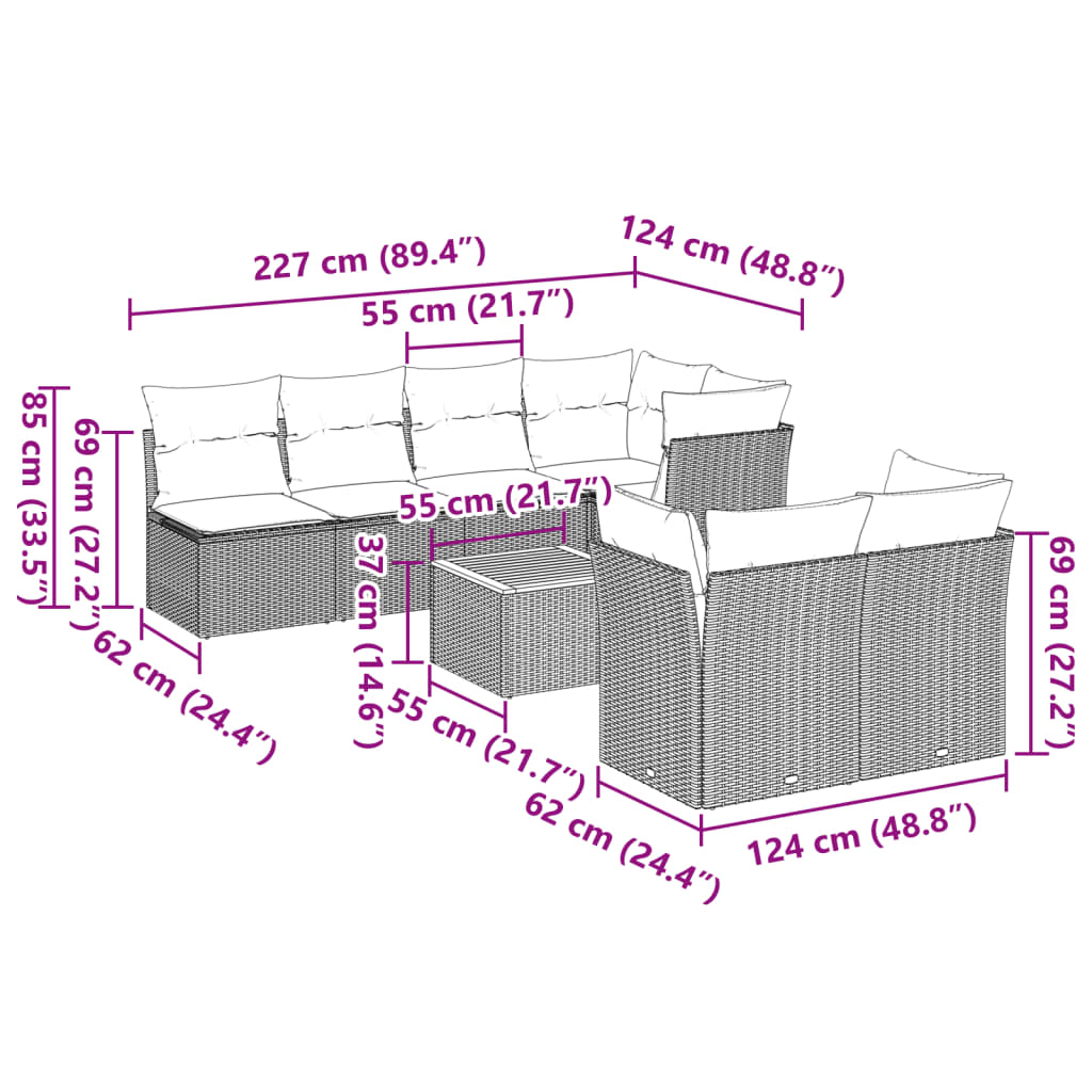 8-tlg. Garten-Sofagarnitur mit Kissen Grau Poly Rattan