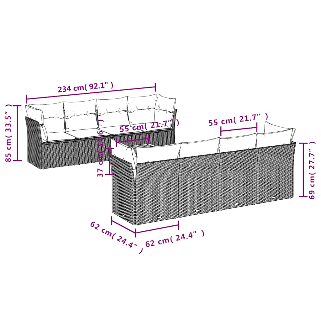 9-tlg. Garten-Sofagarnitur mit Kissen Schwarz Poly Rattan