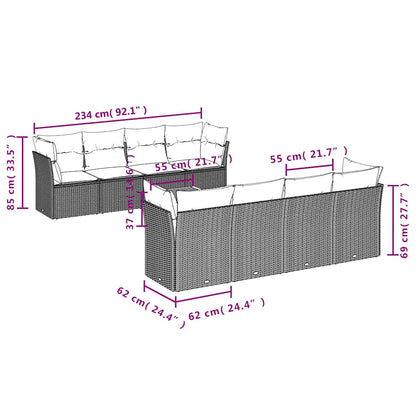 9-tlg. Garten-Sofagarnitur mit Kissen Schwarz Poly Rattan