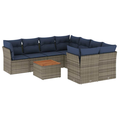 9-tlg. Garten-Sofagarnitur mit Kissen Grau Poly Rattan