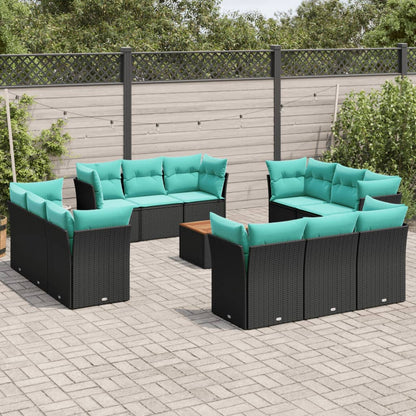13-tlg. Garten-Sofagarnitur mit Kissen Schwarz Poly Rattan