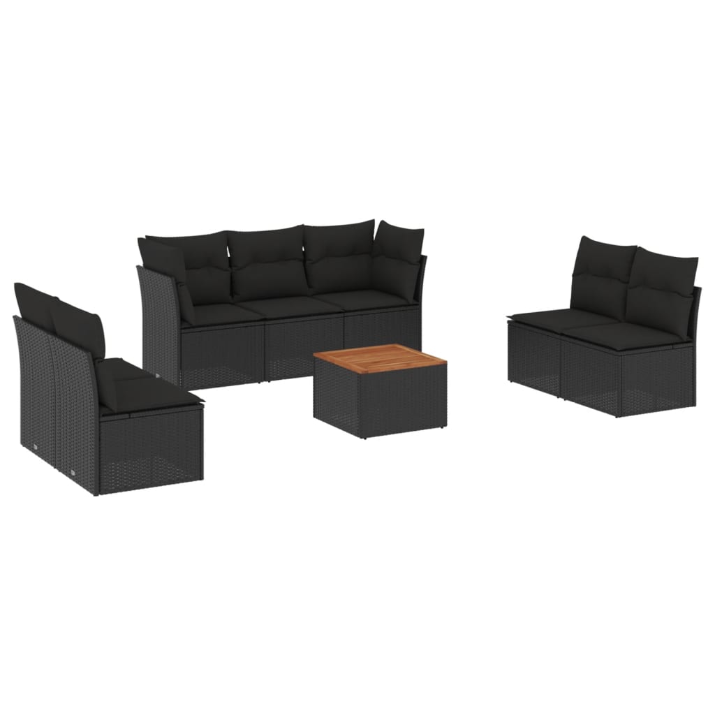 8-piece garden sofa set with cushions, black poly rattan