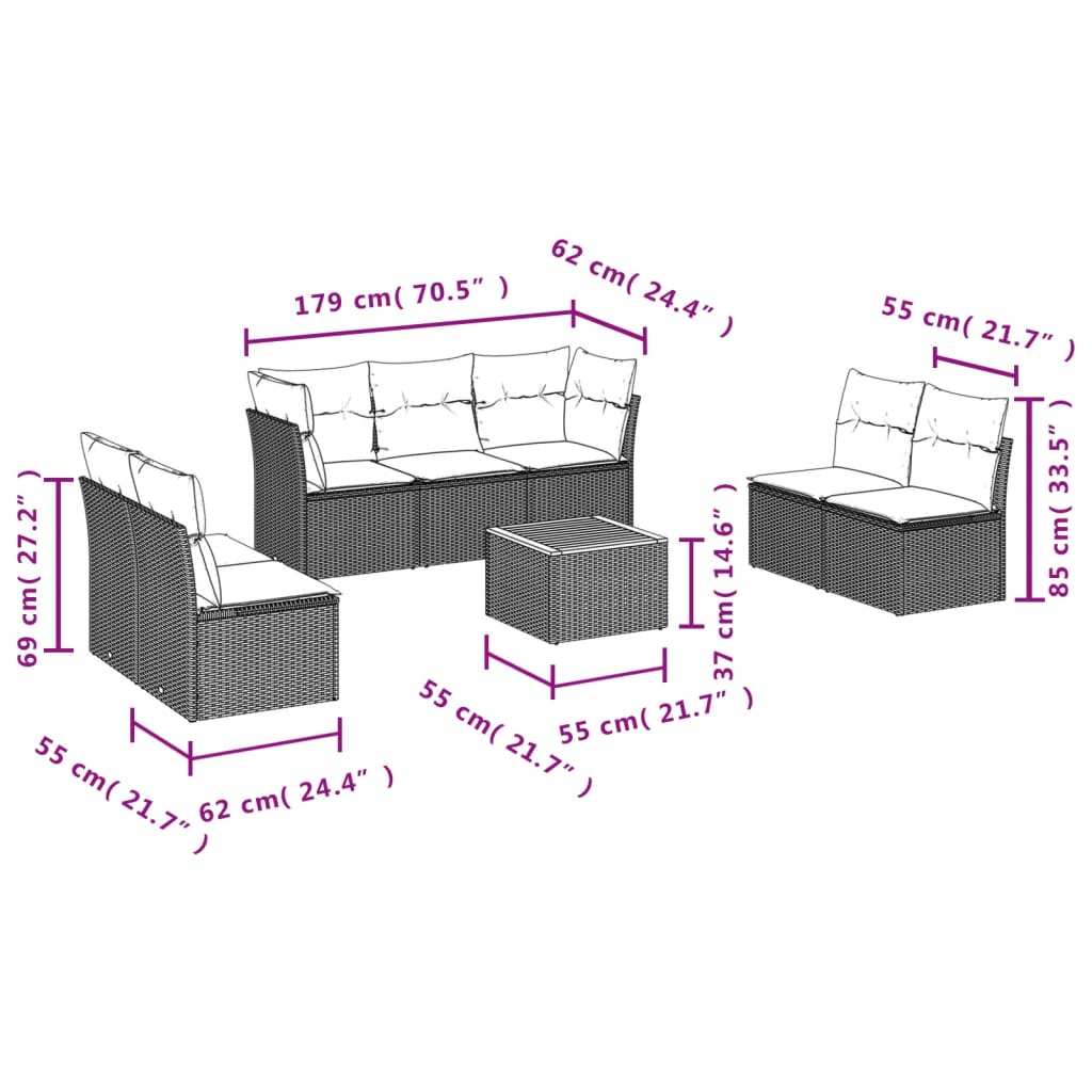 8-piece garden sofa set with cushions, black poly rattan