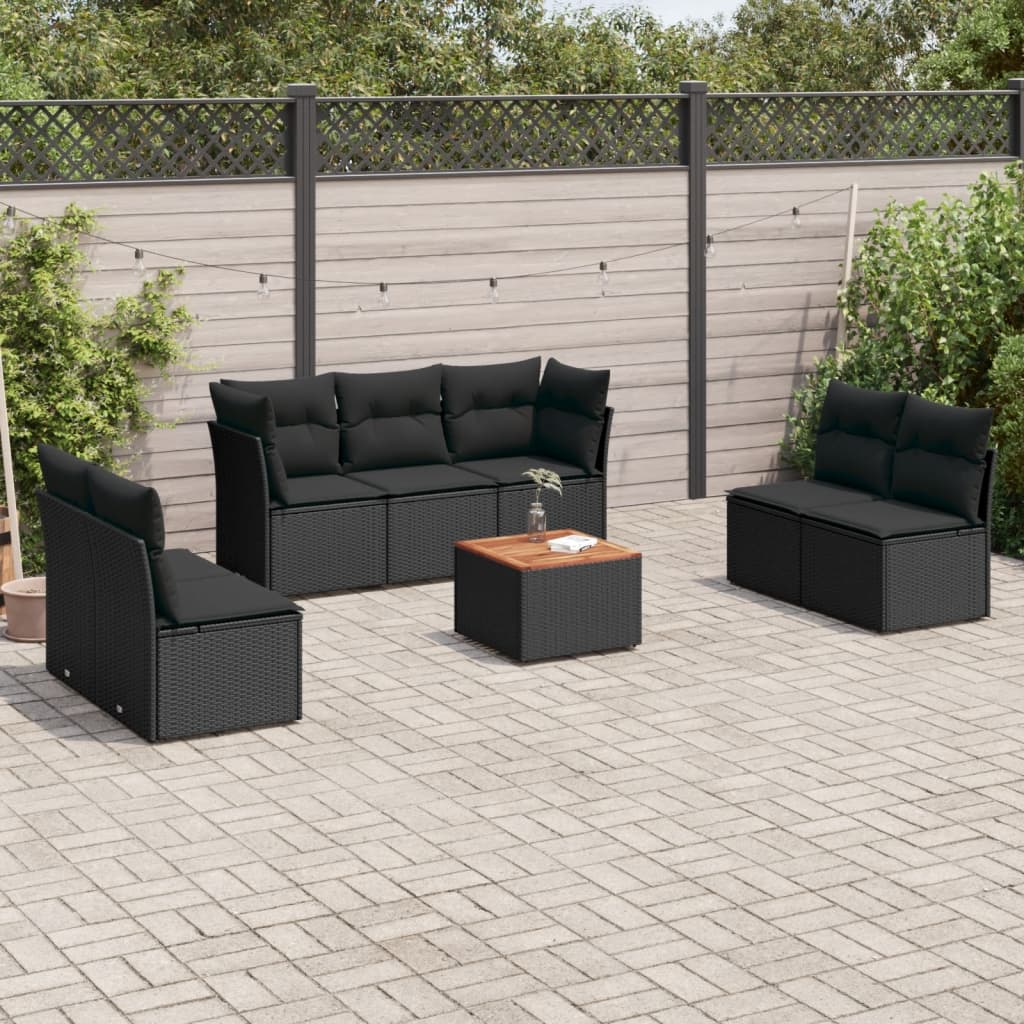 8-piece garden sofa set with cushions, black poly rattan