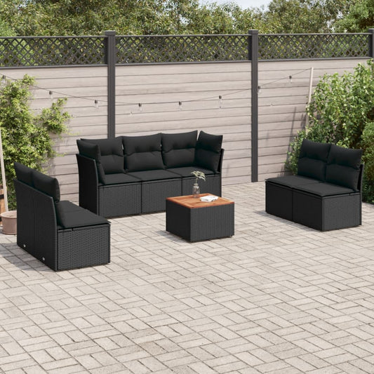 8-piece garden sofa set with cushions, black poly rattan