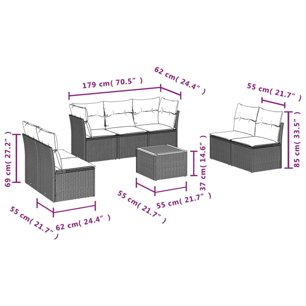 8-piece garden sofa set with cushions, black poly rattan