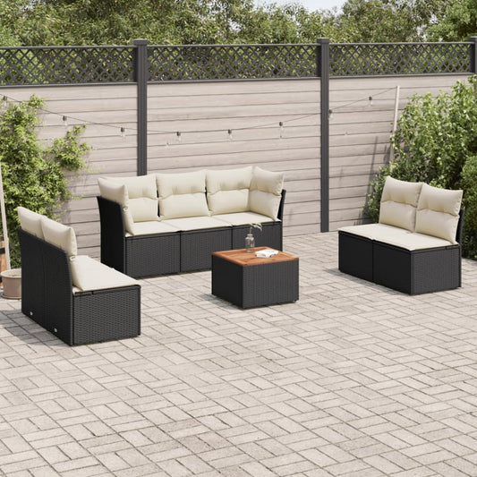 8-piece garden sofa set with cushions, black poly rattan