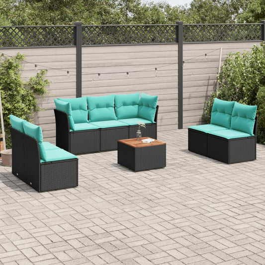 8-tlg. Garten-Sofagarnitur mit Kissen Schwarz Poly Rattan