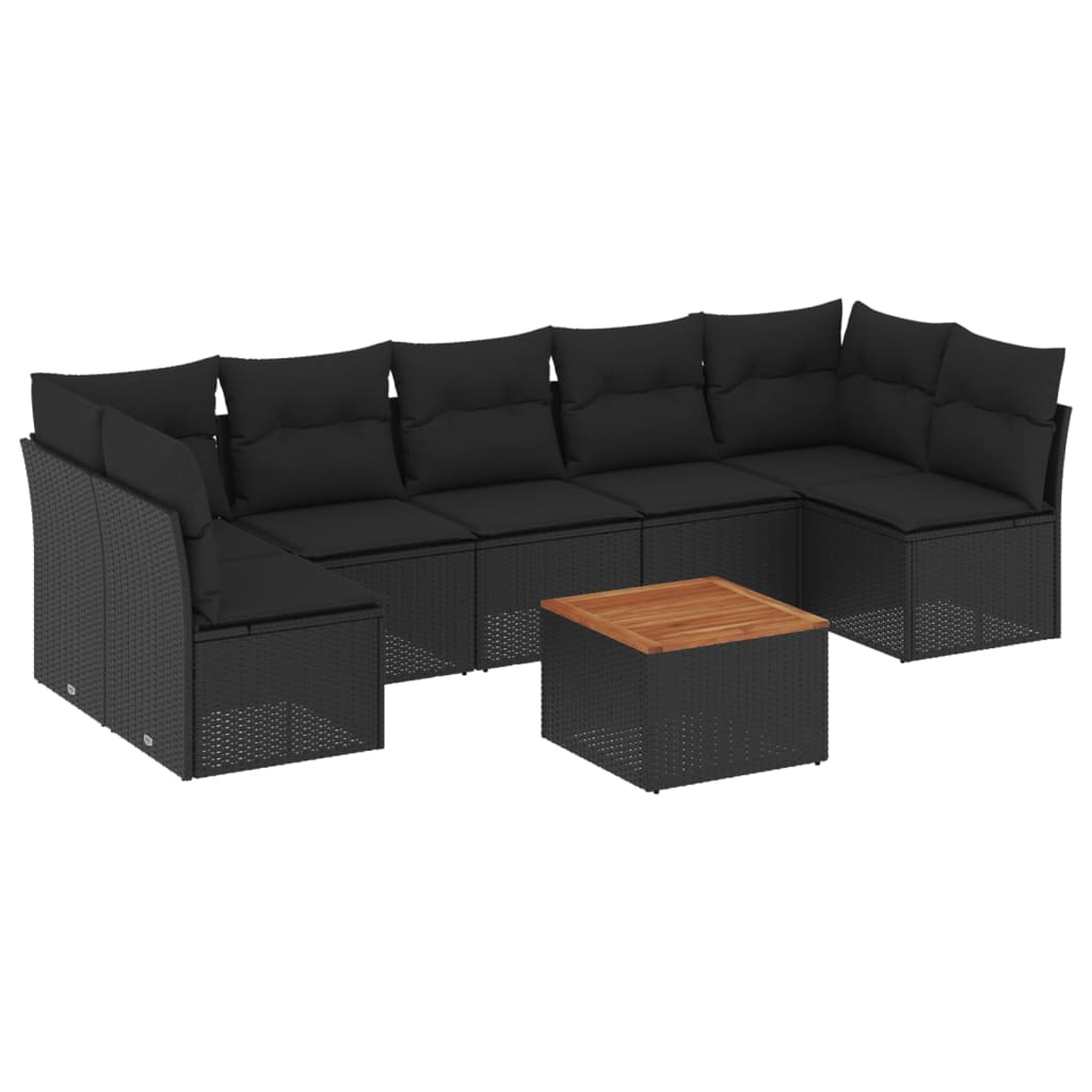 8-piece garden sofa set with cushions, black poly rattan