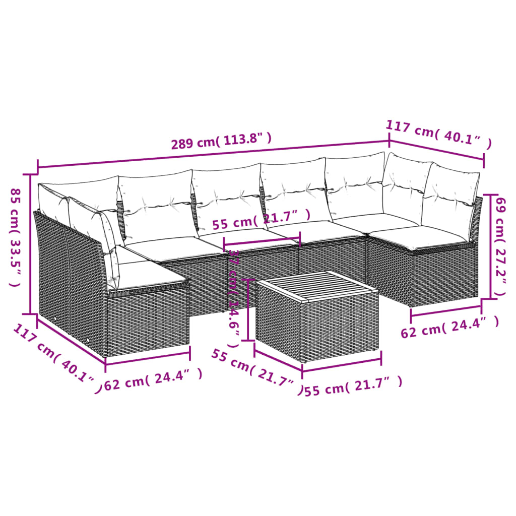 8-piece garden sofa set with cushions, black poly rattan
