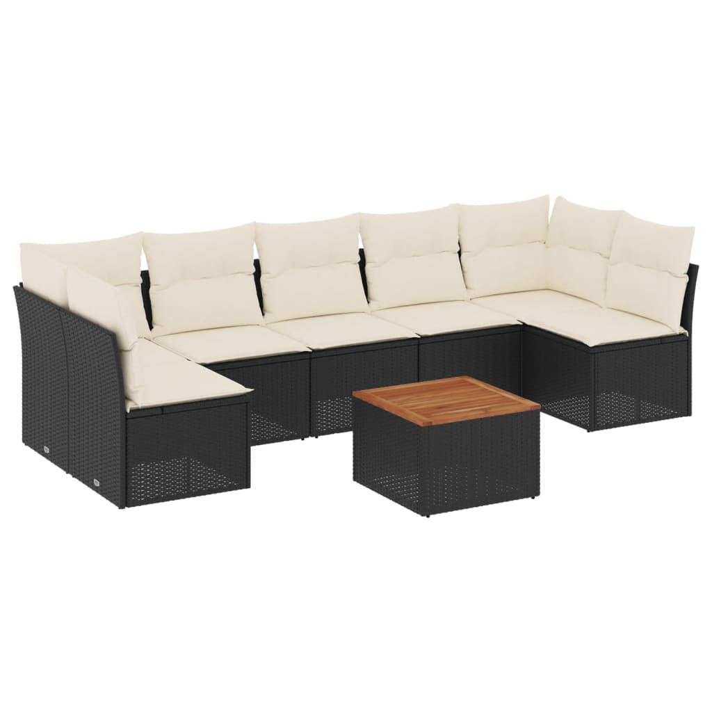 8-piece garden sofa set with cushions, black poly rattan