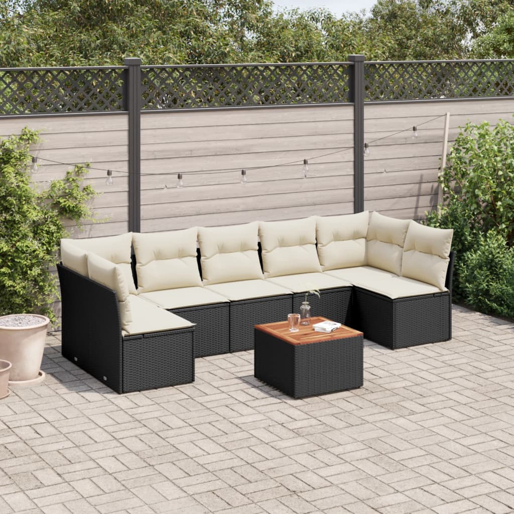 8-piece garden sofa set with cushions, black poly rattan