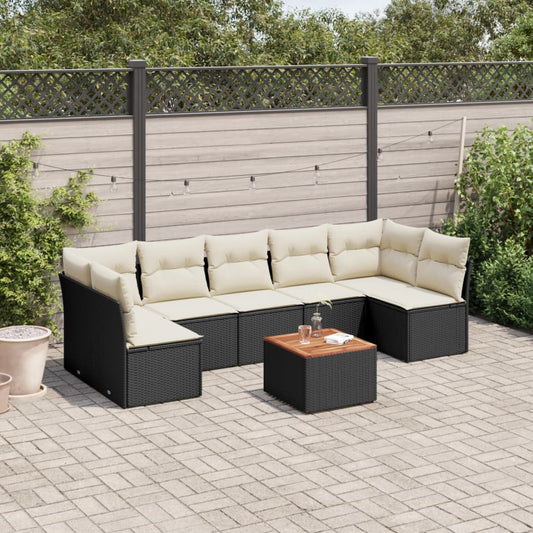 8-piece garden sofa set with cushions, black poly rattan