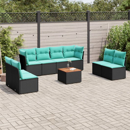 9-tlg. Garten-Sofagarnitur mit Kissen Schwarz Poly Rattan