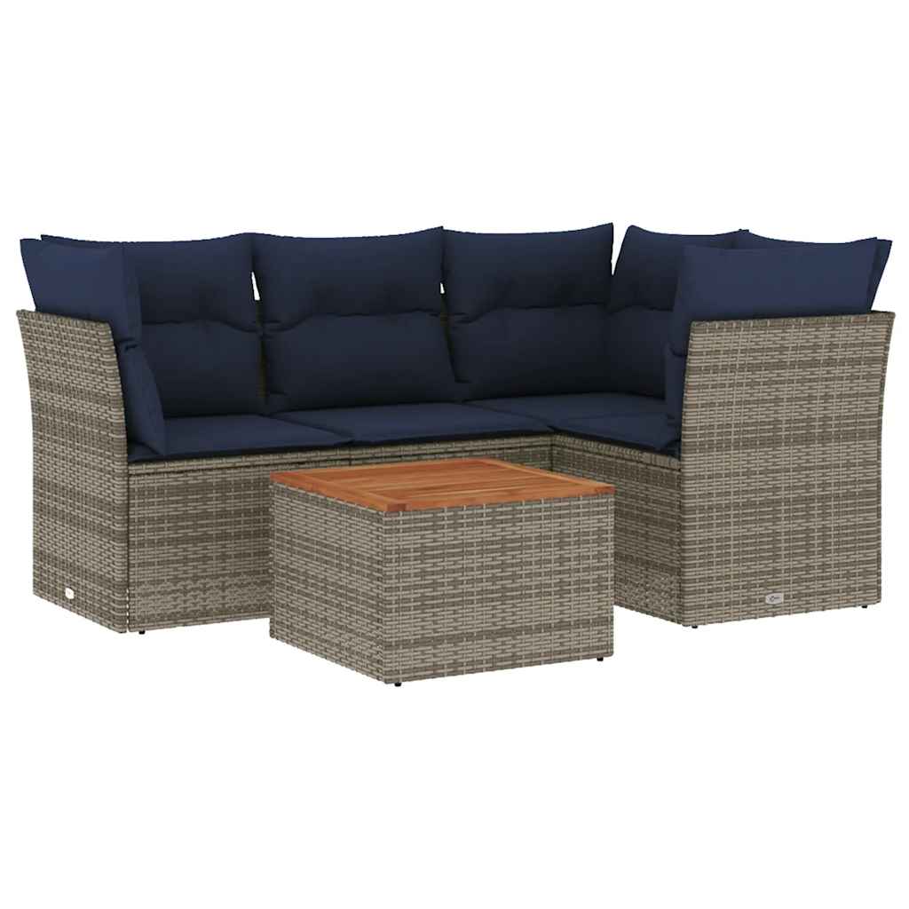 5-tlg. Garten-Sofagarnitur mit Kissen Grau Poly Rattan