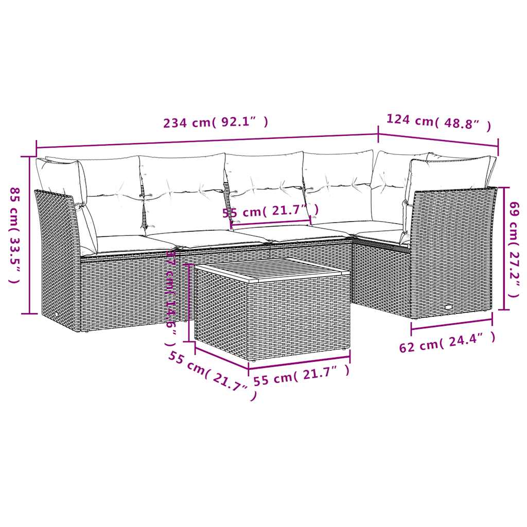 6-tlg. Garten-Sofagarnitur mit Kissen Schwarz Poly Rattan