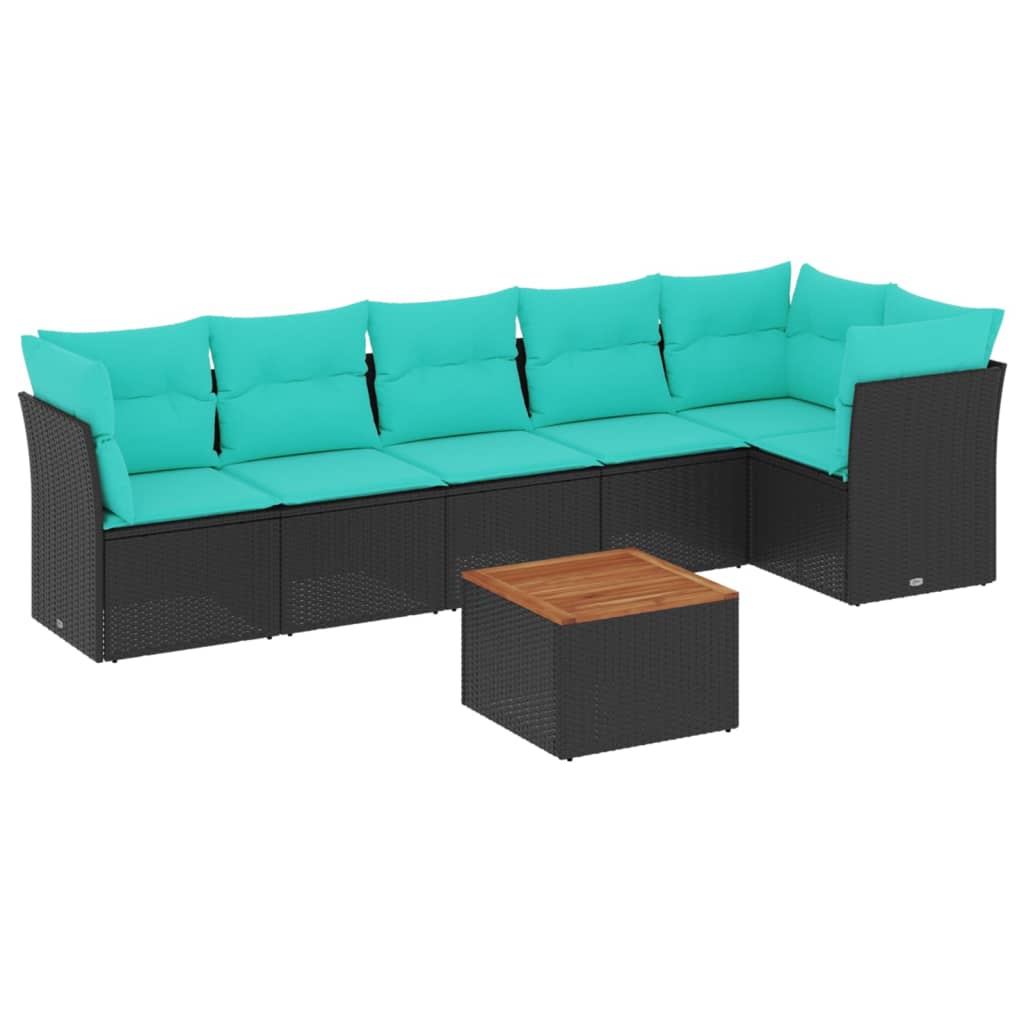 7-tlg. Garten-Sofagarnitur mit Kissen Schwarz Poly Rattan