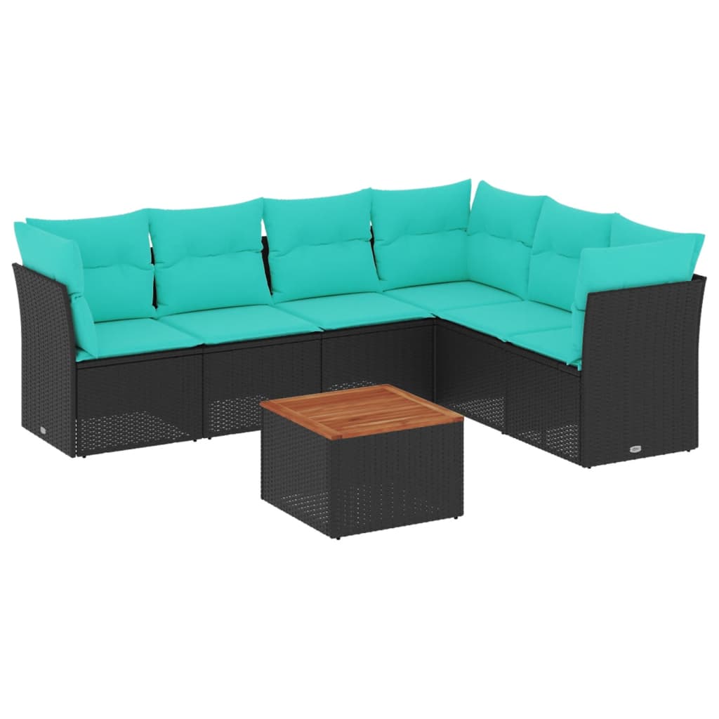7-tlg. Garten-Sofagarnitur mit Kissen Schwarz Poly Rattan